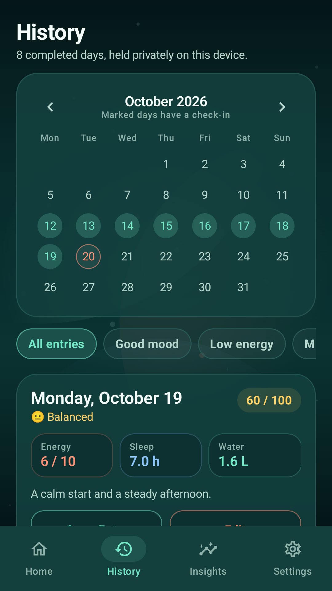 History screen with monthly check-in calendar and daily summaries