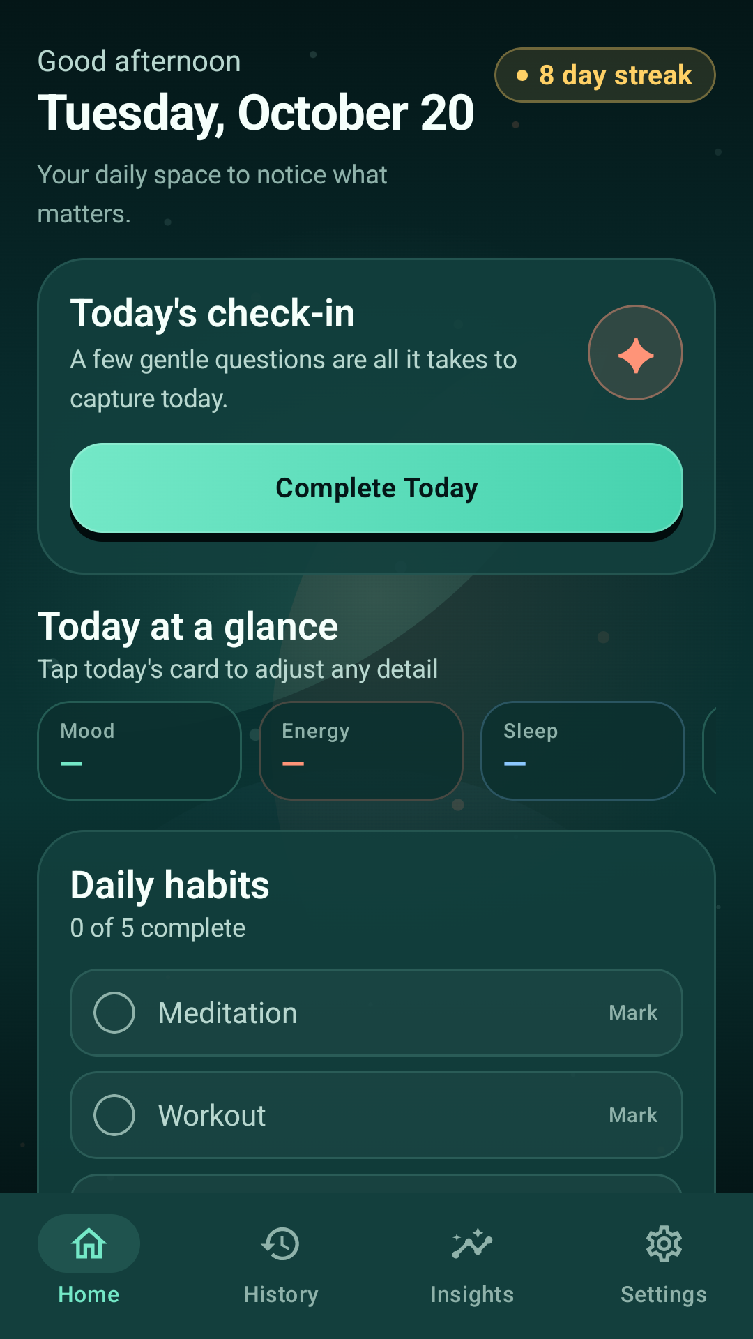 Lifespan Tracker home screen showing a daily check-in and habits