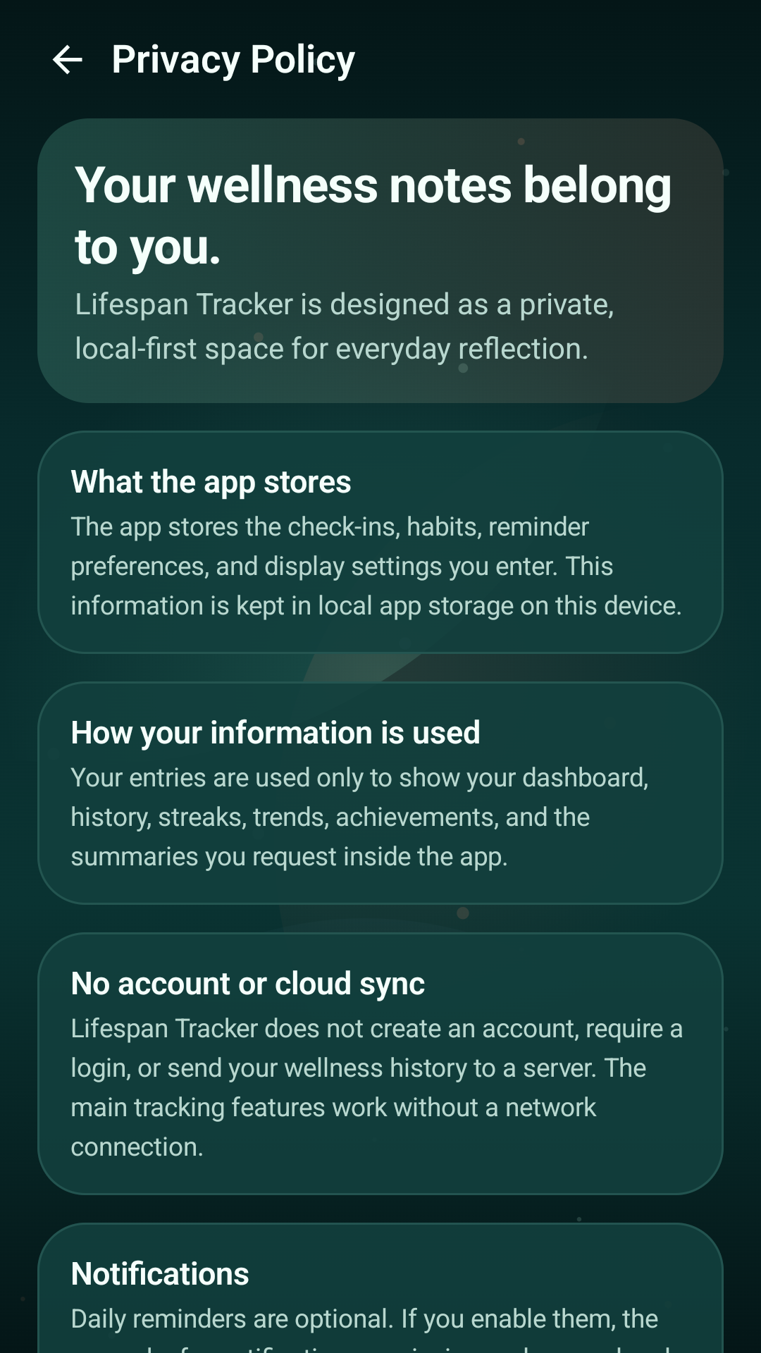 Lifespan Tracker Privacy Policy screen